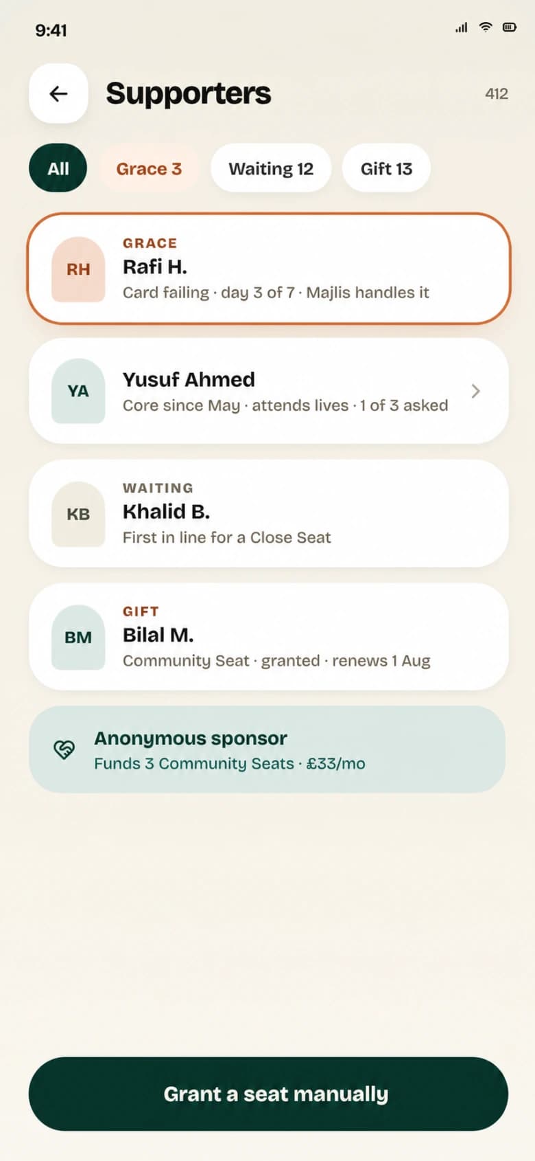 Majlis Studio supporters screen showing people who hold seats.